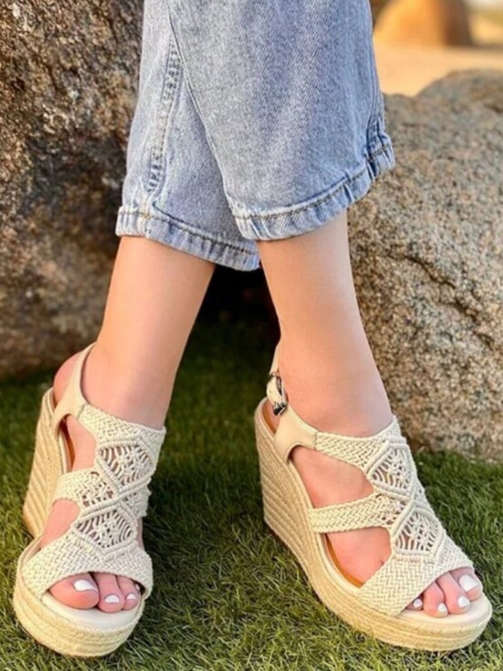 COPPER KEY Dreamcatcher Macrame EspadrillIe Platform Wedges Ivory Boho Size 8